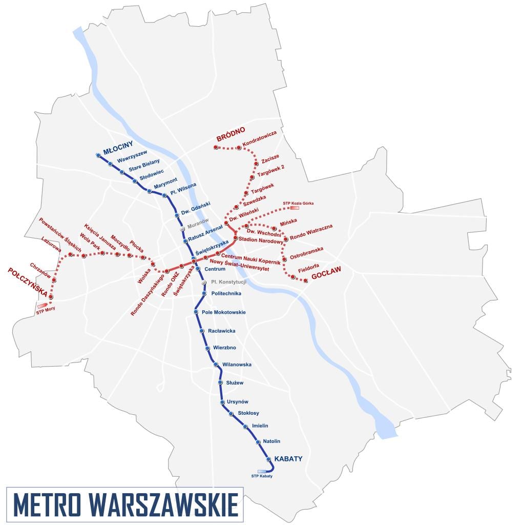 Mapa Varšavi metro 2016