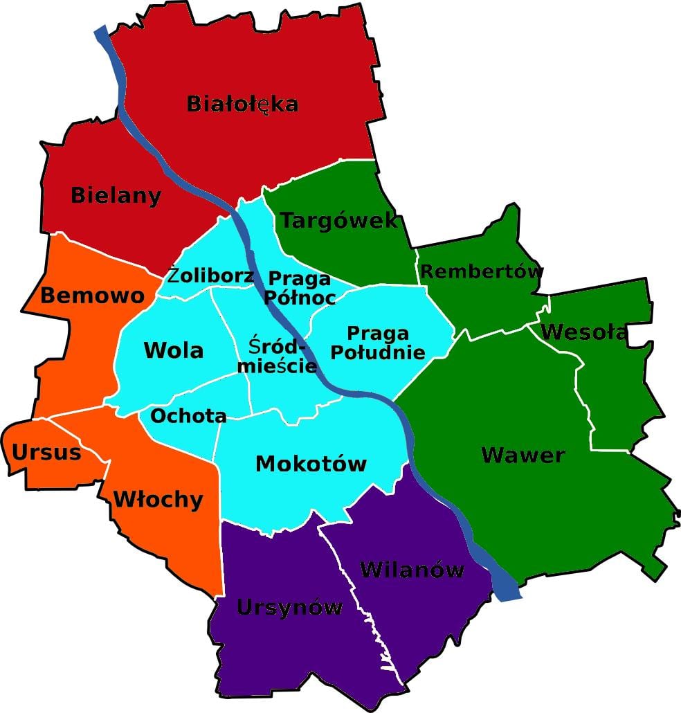 Mapa Varšavi okruga