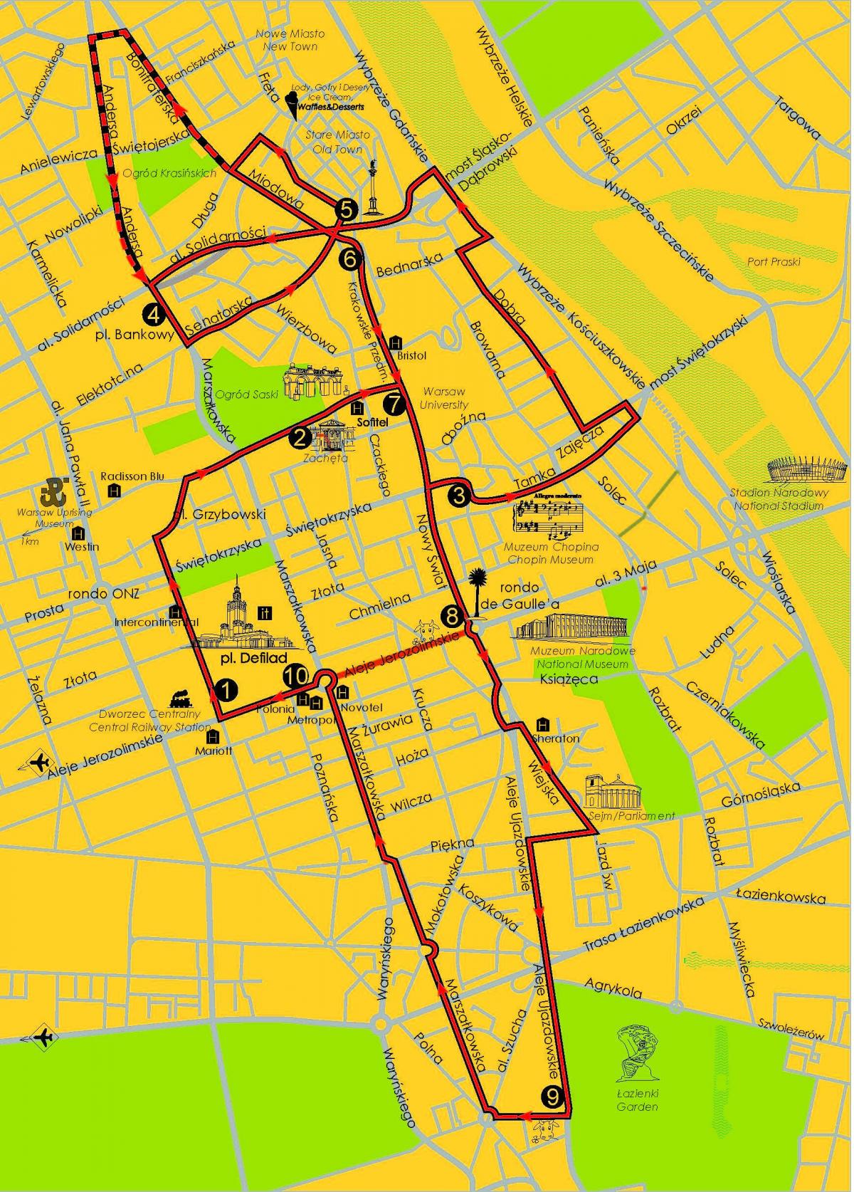 Mapa Varšavi hop na hop sa autobusa 