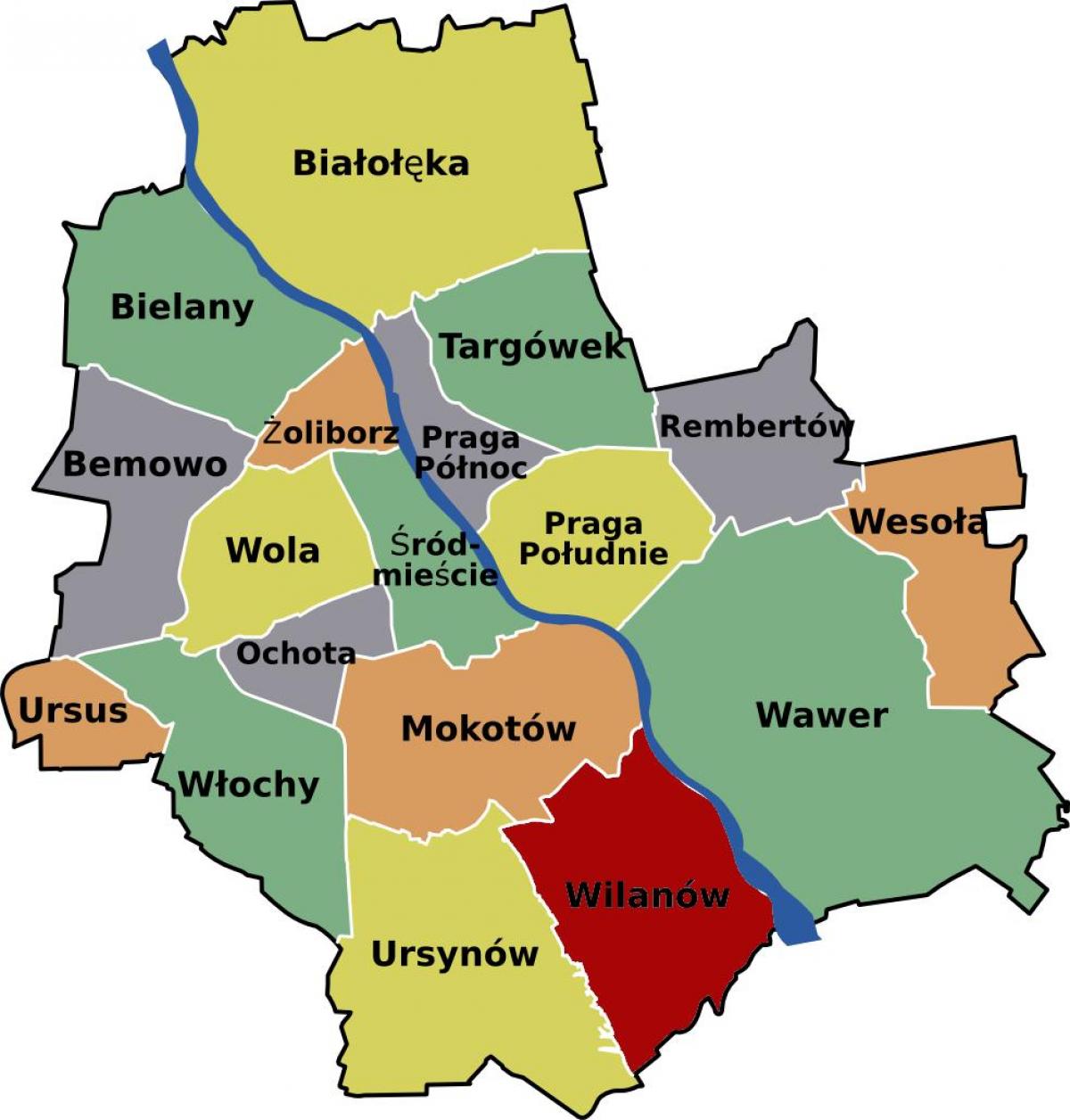 Mapa Varšavi naseljima 