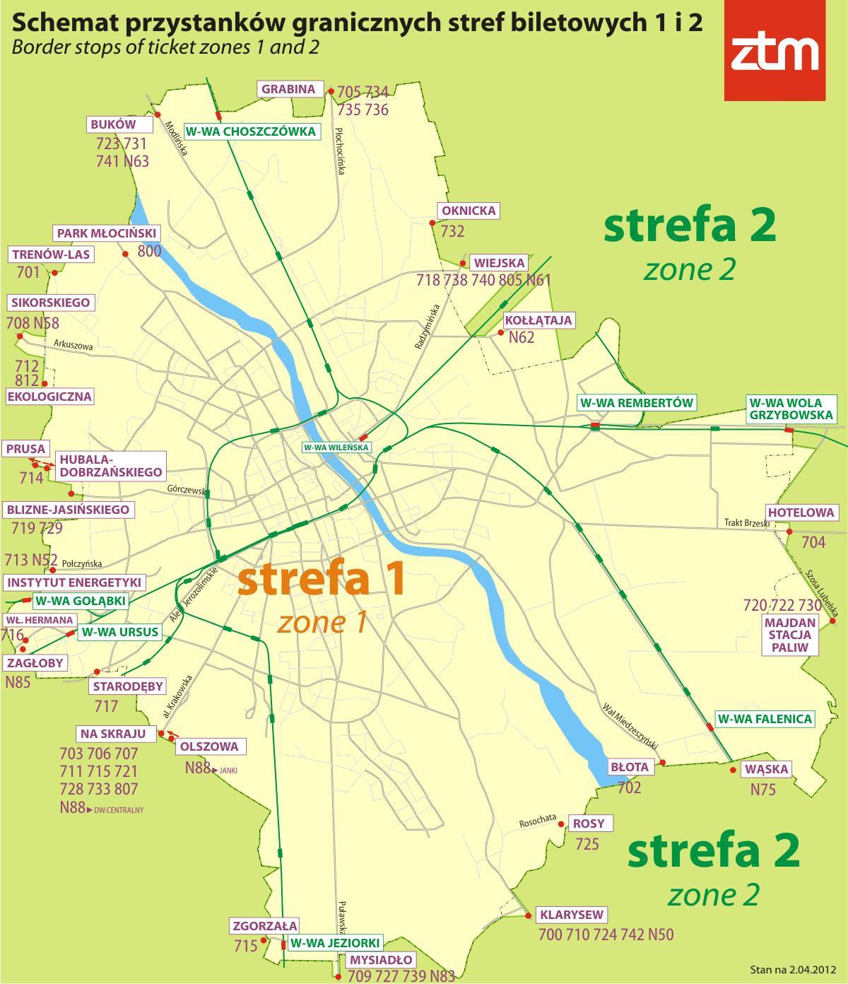 Mapa Varšavi zoni 1 2 