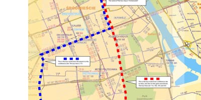 Mapa Varšavi autobus 175 rutu 